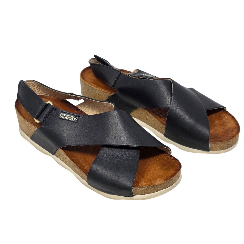 Pikolinos Mahon‎ Black Leather Platform Wedge Slingback Sandals Womens Size 6.5
